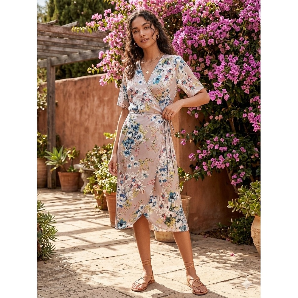 Luna Floral Wrap Dress Mauve Blue V-Neck Short Sleeve Small 17659 Soft Romance